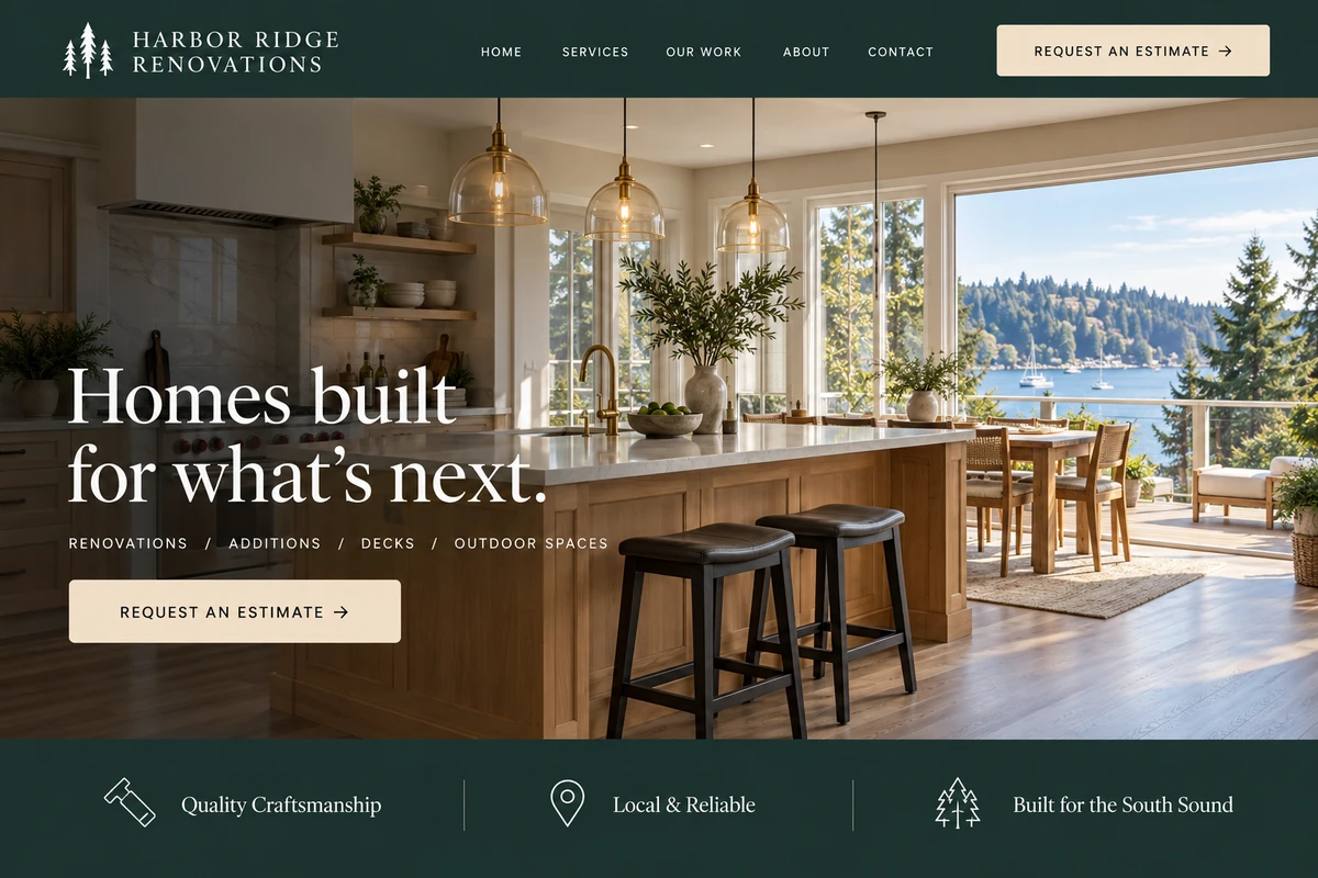 Harbor Ridge Renovations design: a waterfront kitchen website with forest green navigation, ivory headlines and sand estimate buttons