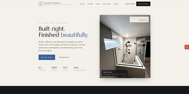 Homepage of DA Interior Solutions, a South Sound general contractor site built by Narrows Web Co.