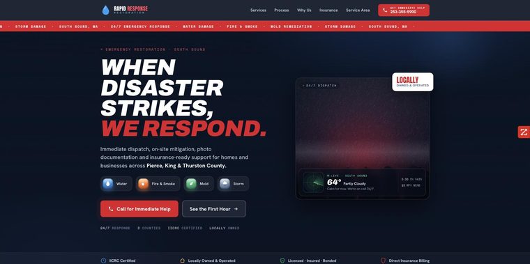 Homepage of Rapid Response Restoration, a 24/7 emergency restoration site built by Narrows Web Co.